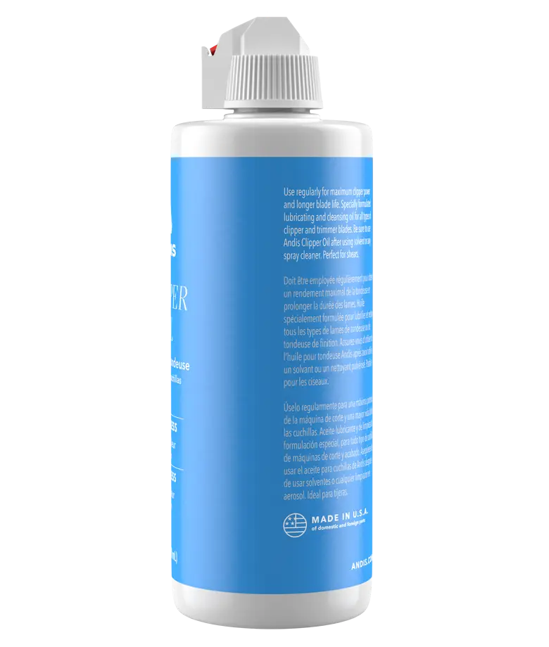 Andis 4oz clipper oil bottle for grooming tools, featuring a clear container with oil for maintaining hair clippers and trimmers.