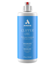 Andis 4oz clipper oil bottle, a part for maintaining and lubricating hair clipper blades, shown in a clear plastic bottle with a black cap.