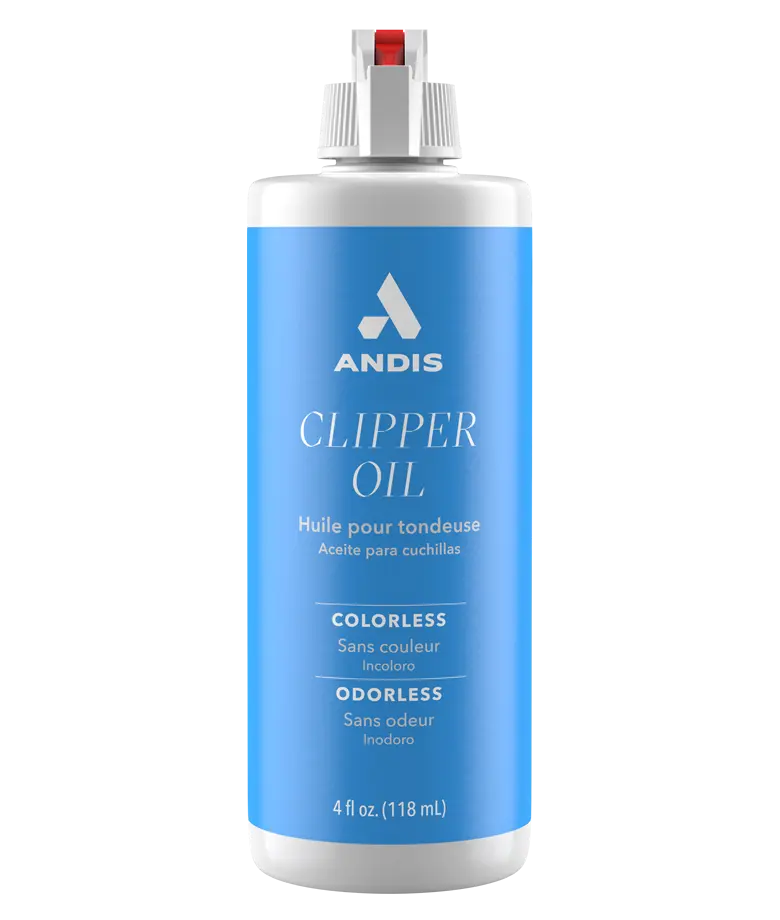 Andis 4oz clipper oil bottle, a part for maintaining and lubricating hair clipper blades, shown in a clear plastic bottle with a black cap.