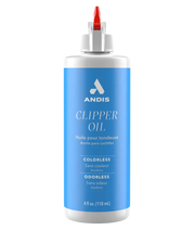 Andis 4oz clipper oil bottle with straight nozzle, used for lubricating clipper parts and blades in grooming tools.