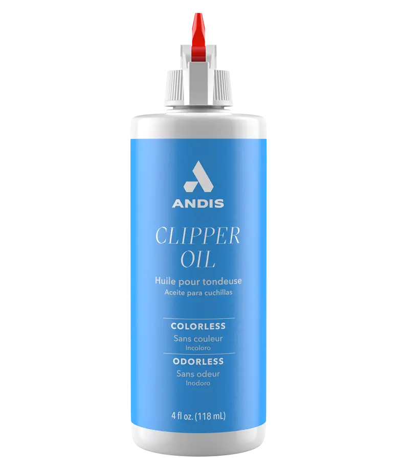 Andis 4oz clipper oil bottle with straight nozzle, used for lubricating clipper parts and blades in grooming tools.