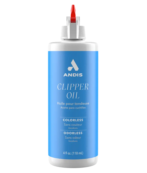 Andis 4oz clipper oil bottle with a straight nozzle, designed for maintaining clipper performance and longevity.