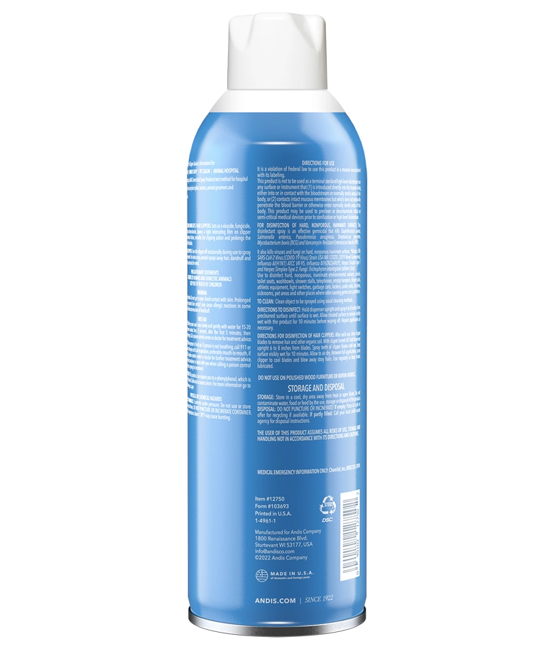 Andis Cool Care Plus 15.5oz can with a back cap, designed for grooming tool maintenance and sanitation.