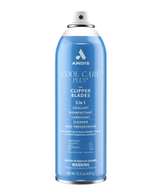 Andis Cool Care Plus 15.5oz can with cap off, showcasing the spray for clipper maintenance and hygiene.