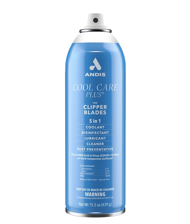 Andis Cool Care Plus 15.5oz can with cap off, showcasing the spray for clipper maintenance and hygiene.