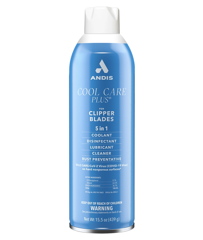 Andis Cool Care Plus 15.5oz can with cap, featuring a sleek design for grooming accessory use.