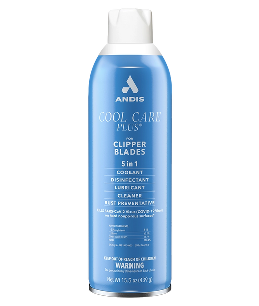 Andis Cool Care Plus 15.5oz can with cap, featuring a sleek design for grooming accessory use.