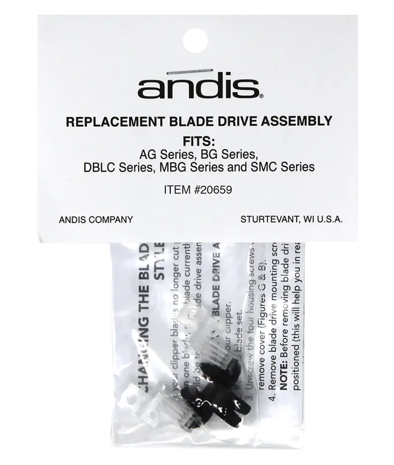 Andis Blade Drive parts for clippers, quad-force replacement blade drive package, durable and compatible with Andis grooming tools.