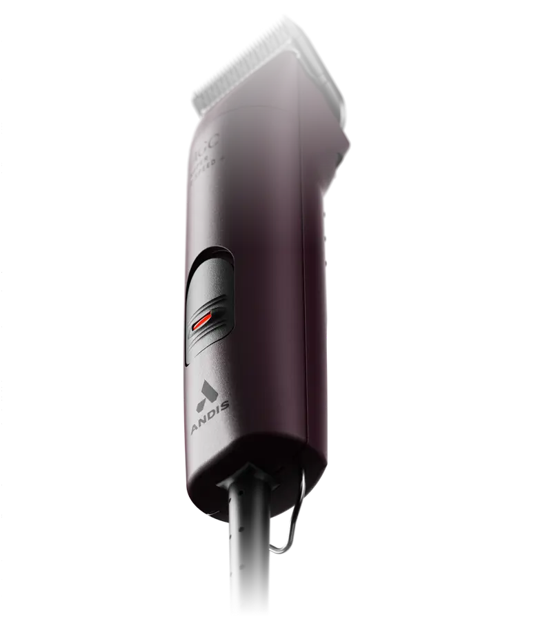 Andis AGC 2 Burgundy clipper with detachable blade, angled view showcasing its sleek design and professional features.