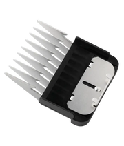 Eight-piece stainless steel guide comb set for clippers, featuring narrow guide combs for precise hair trimming by Andis.