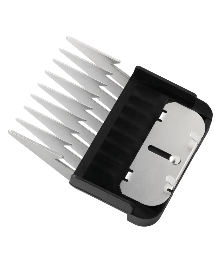 Eight-piece stainless steel guide comb set for clippers, featuring narrow guide combs for precise hair trimming by Andis.