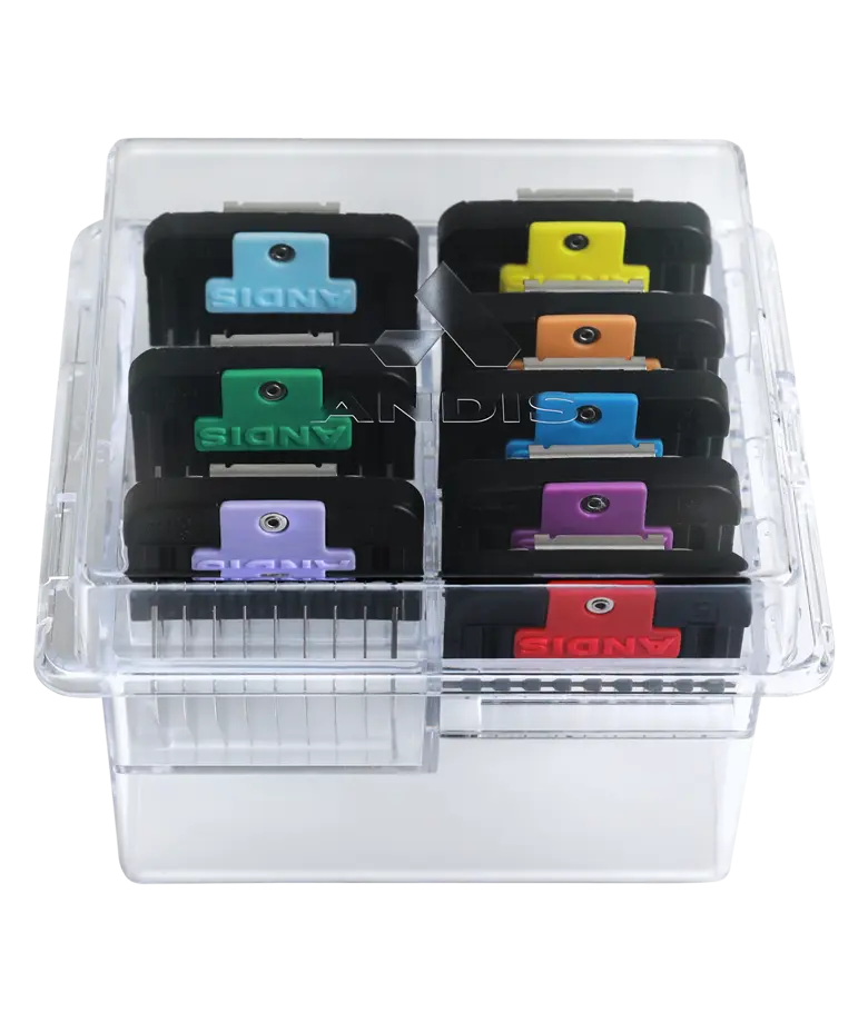 Andis 8-piece stainless steel guide comb set for clippers, displayed in a black case for grooming and haircutting.