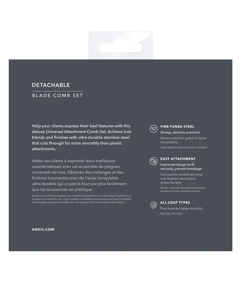 Andis 8-piece stainless steel guide comb set for clippers, includes narrow guide combs for precise hair trimming.