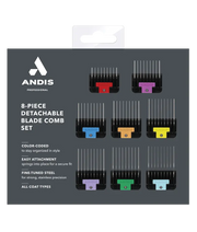 Andis 8-piece stainless steel clipper blades and guide comb set for precise grooming and hair trimming.