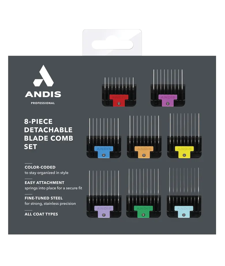 Andis 8-piece stainless steel clipper blades and guide comb set for precise grooming and hair trimming.