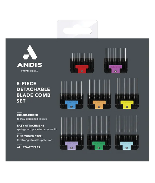 Andis 8-piece stainless steel clipper blades and guide comb set for precise grooming and hair trimming.