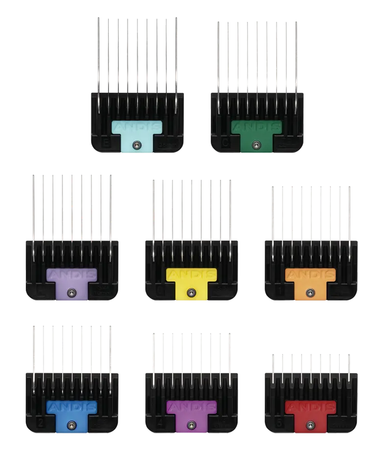 Andis 8-piece stainless steel guide comb set for clippers, featuring narrow guide combs for precise grooming.