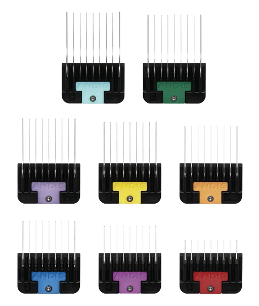 Andis 8-piece stainless steel guide comb set for clippers, featuring narrow guide combs for precise grooming.