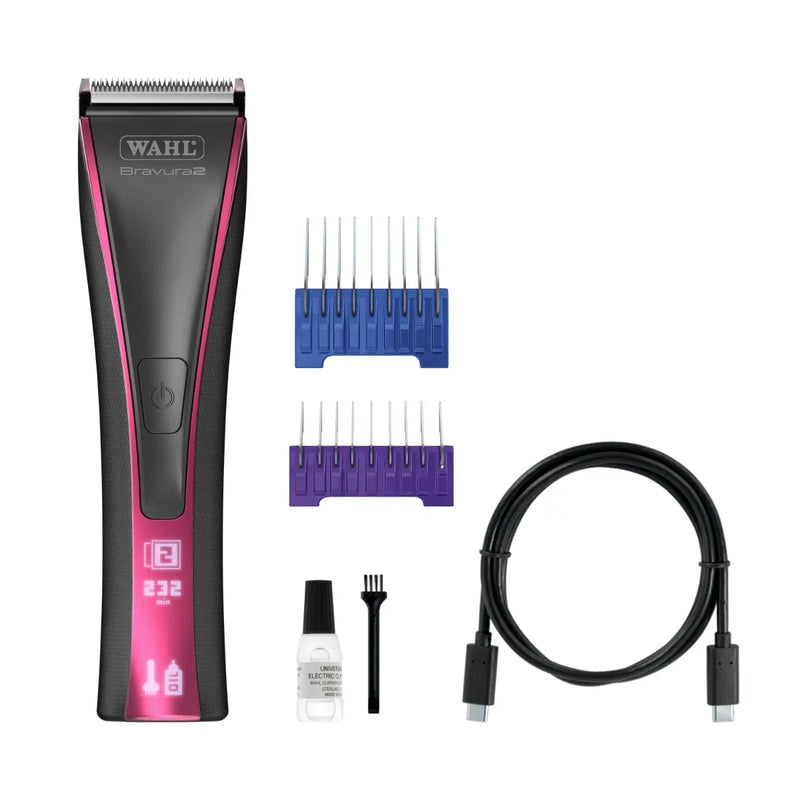 Wahl Bravura 2 professional cordless clipper with adjustable blades and multiple attachments for versatile grooming.