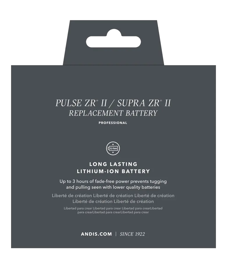 Andis DBLC-2 battery pack for parts, showing two replacement batteries for pulse ZR II and Supra ZR II clippers.