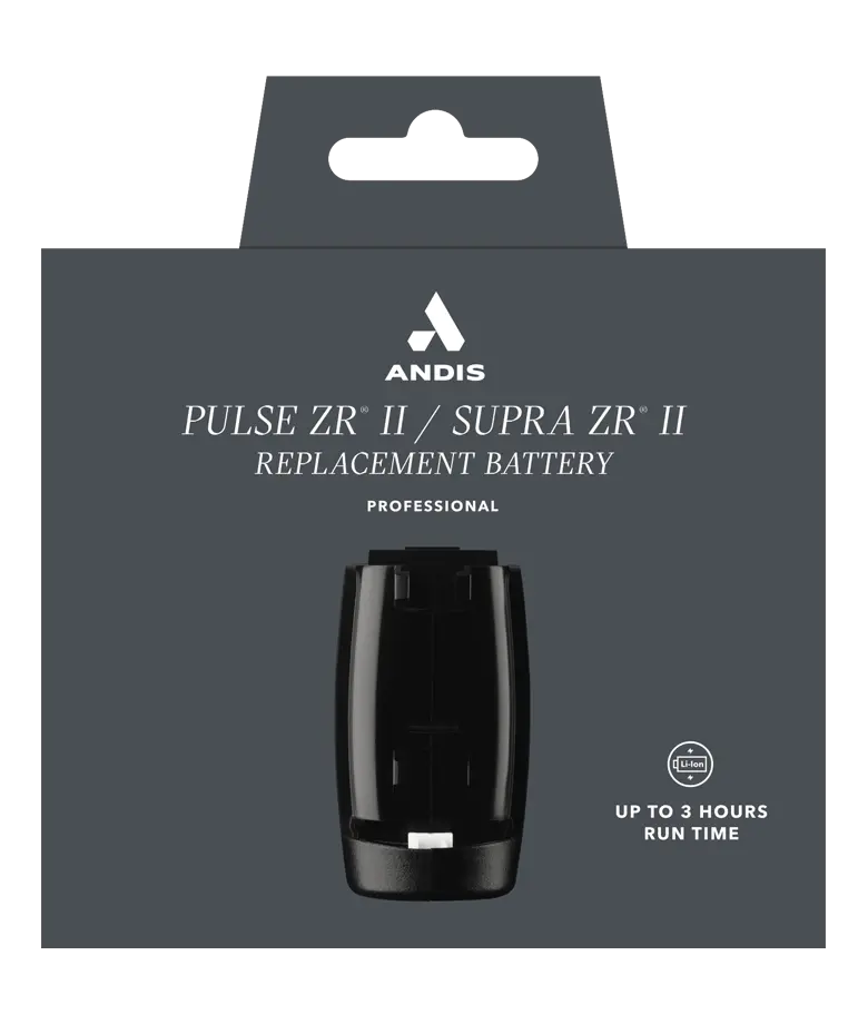 Andis DBLC-2 battery pack for electric grooming tools, shown in front view with packaging and product details.