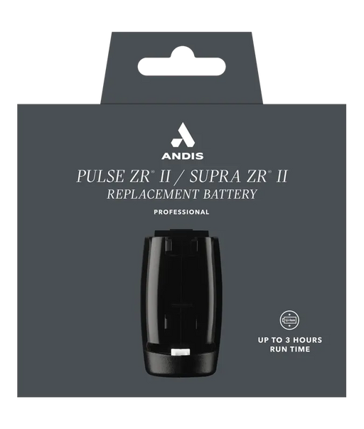 Andis DBLC-2 battery pack for electric grooming tools, shown in front view with packaging and product details.