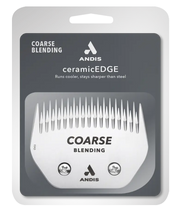 Andis coarse blending clipper blade in packaging, showcasing the ceramic edge design for smooth blending.