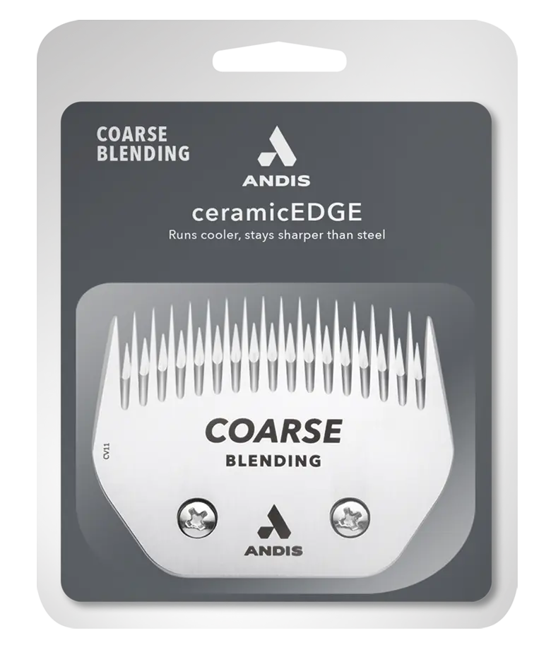 Andis coarse blending clipper blade in packaging, showcasing the ceramic edge design for smooth blending.