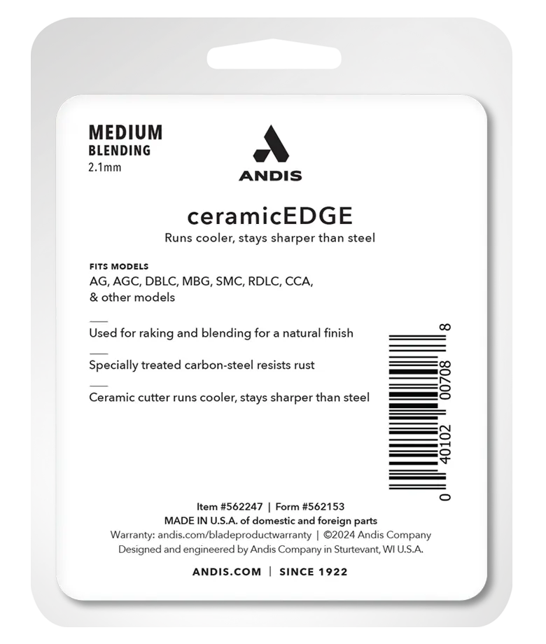 Andis medium blending livestock blade package back with detailed specifications and features visible.