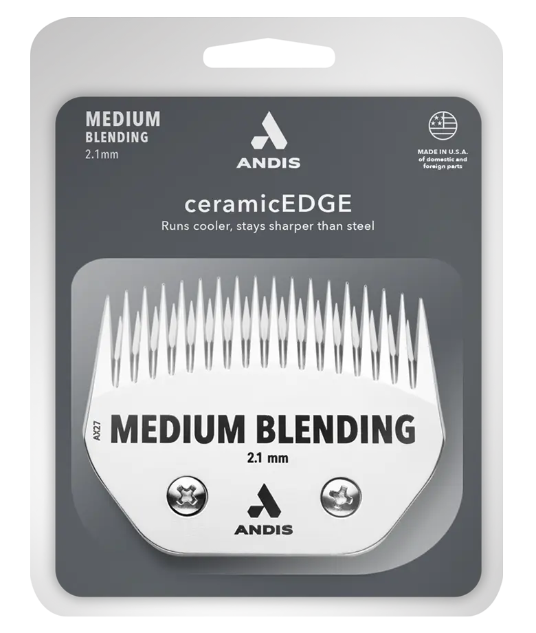 Andis medium blending livestock blade in packaging, showcasing the ceramic edge design and brand logo.