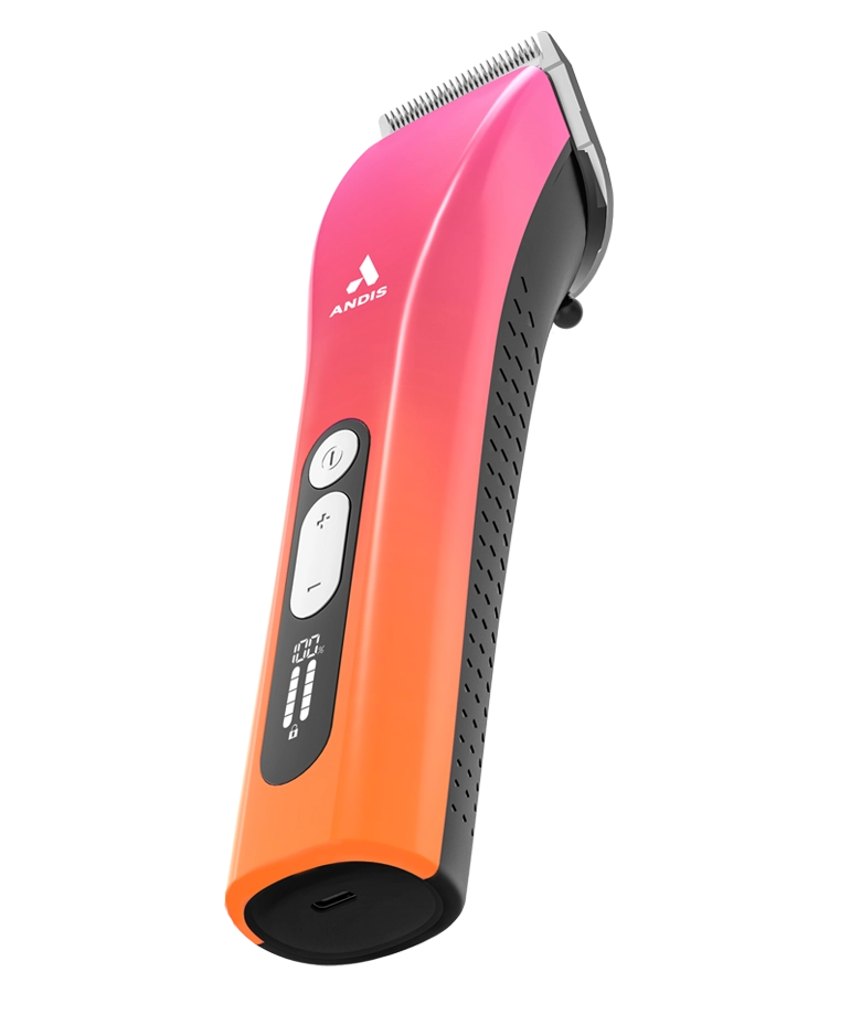 Andis ProClip 5-in-1 Sunset Clipper shown at an angle, highlighting its ergonomic design and versatile clipper features.