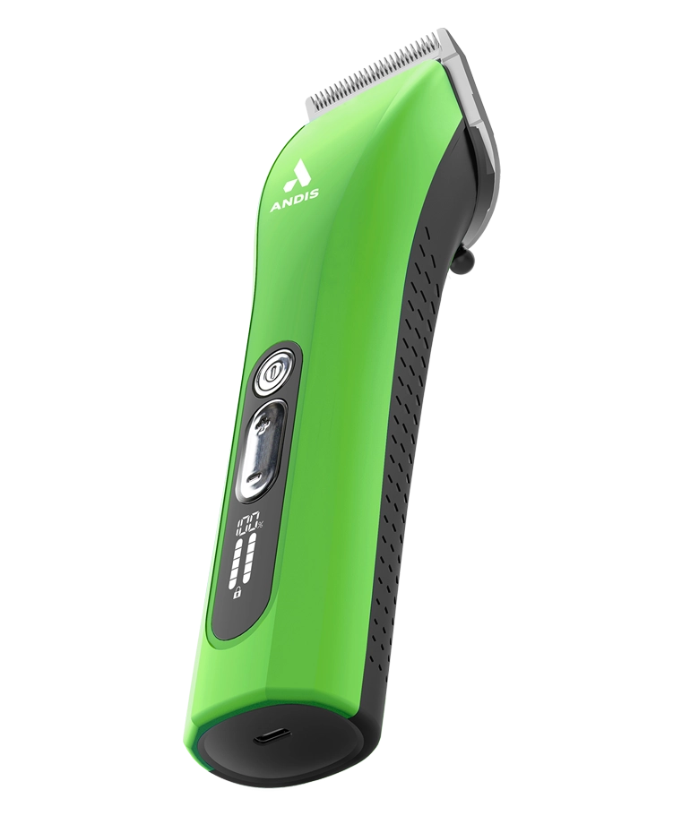 Andis ProClip 5-in-1 Green Clipper featuring an angled bottom view, showcasing its sleek design and functional features.