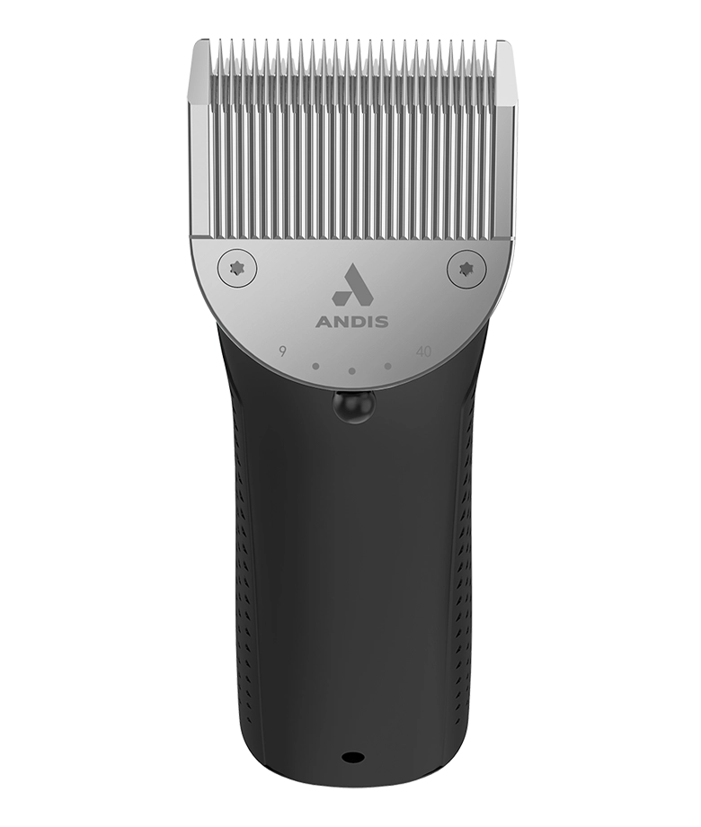 Close-up of Andis ProClip 5-in-1 green clipper with a single blade, showcasing its design and ergonomic features.