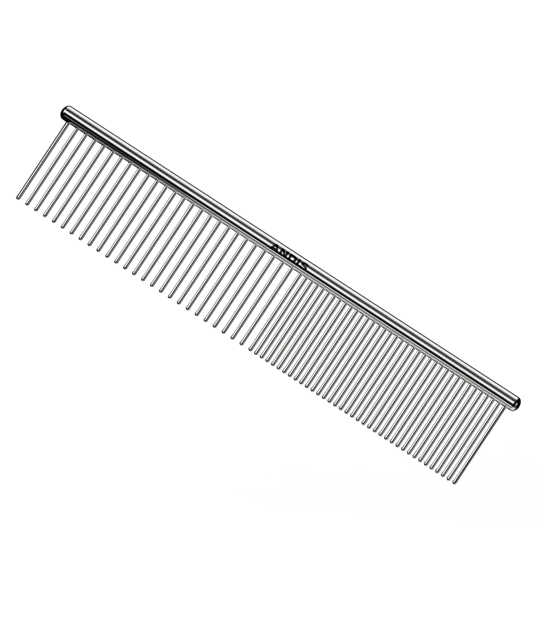 Andis 7.5-inch steel comb showing fine teeth and ergonomic handle for professional hair cutting and styling.