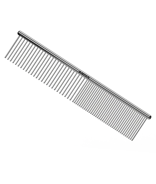 Andis 7.5-inch steel comb showing fine teeth and ergonomic handle for professional hair cutting and styling.