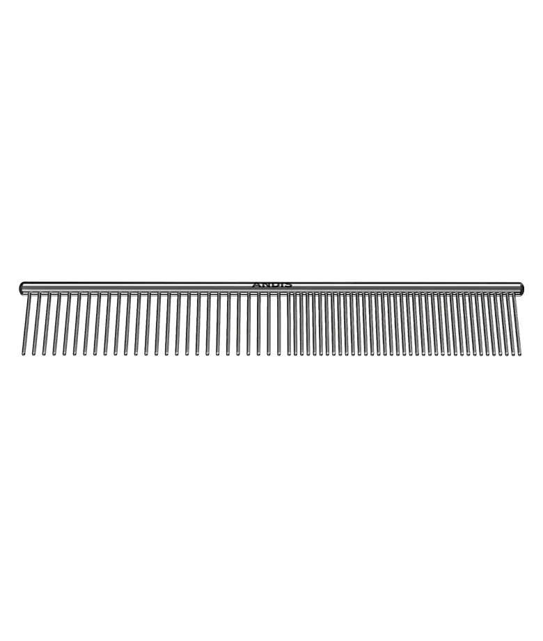 Andis 7.5-inch steel comb with wide teeth for hair grooming and styling, shown in horizontal view.