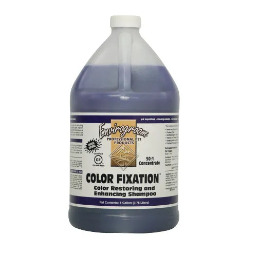 Envirogroom Color Fixation 50:1 color restoring and enhancing shampoo in a gallon container, designed to revitalize hair color.