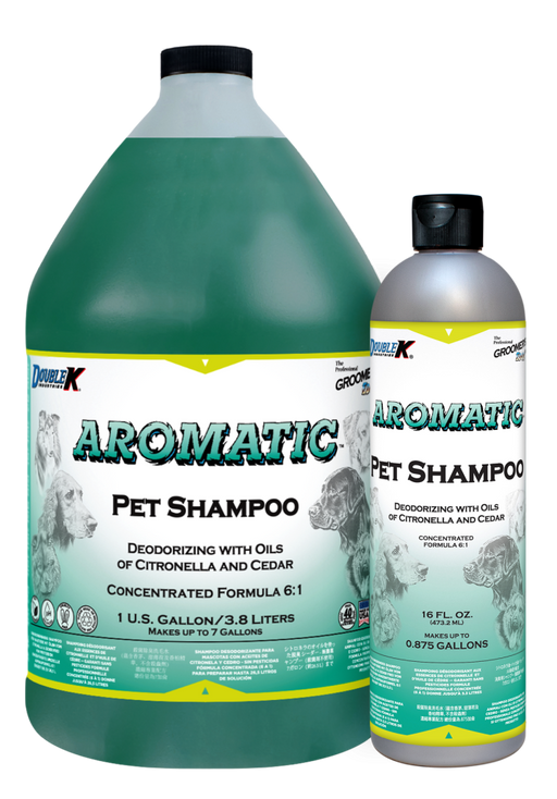 Double K Aromatic Shampoo bottle with label, clear view of the grooming shampoo for pets or hair care.