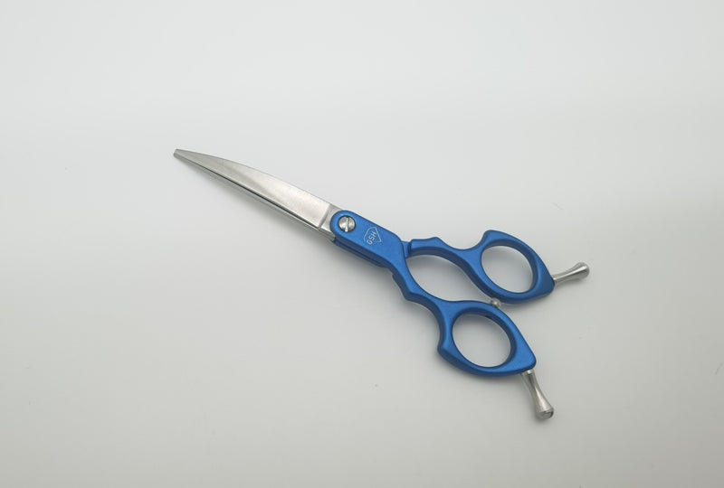 Left-handed blue aluminum handle with Asian fusion curve, 6-inch size, designed for grooming tools from Groomer Supply House.