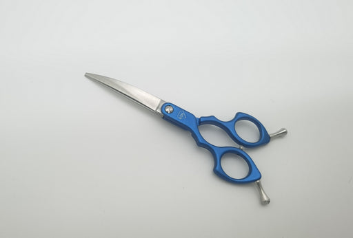 Left-handed blue aluminum handle with Asian fusion curve, 6-inch size, designed for grooming tools from Groomer Supply House.