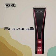Wahl Bravura 2 professional cordless clipper showing a sleek black design with adjustable blades and ergonomic grip.