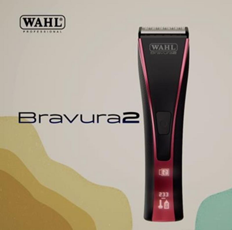 Wahl Bravura 2 professional cordless clipper showing a sleek black design with adjustable blades and ergonomic grip.