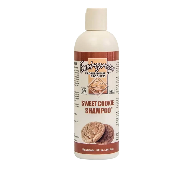 Envirogroom Sweet Cookie Shampoo bottle, 17oz, with label featuring a sweet cookie scent, for grooming pets' coats and skin.