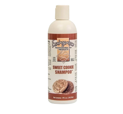 Envirogroom Sweet Cookie Shampoo bottle, 17oz, with label featuring a sweet cookie scent, for grooming pets' coats and skin.