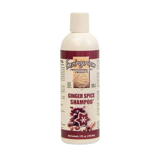 Envirogroom Ginger Spice Shampoo bottle, 17oz, with label showing ginger root and spice imagery for natural pet grooming care.