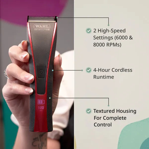 Wahl Bravura 2 Professional 5-in-1 cordless clipper shown with detachable blade and adjustable settings for versatile grooming.