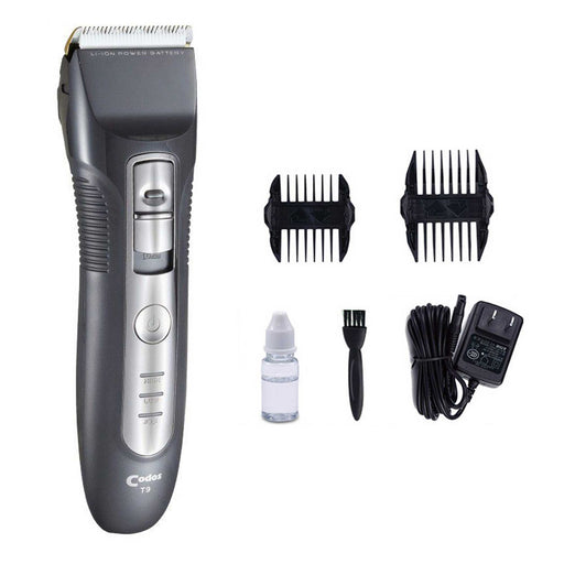 Codo T9 Clipper with grey attachments showing close-up of blades and trimming parts for grooming and hair cutting.