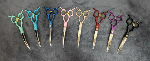Open box Groomer Supply House 6.5-inch Curved Asian Fusion scissors in yellow, featuring ergonomic design and professional craftsmanship.