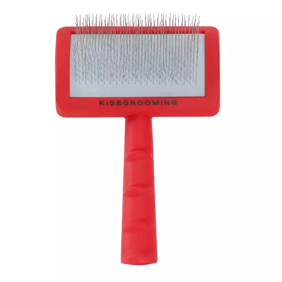 Red Aeolus slicker brush with fine metal bristles for detangling and grooming pets' fur.
