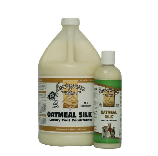 Envirogroom Oatmeal Silk 32:1 Luxury Coat Conditioner shampoo bottle with sleek design and label details.